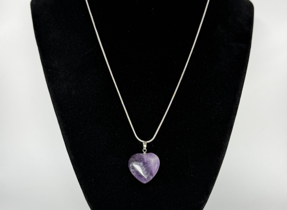 Amethyst Heart Pendant Necklace Purple Gemstone Polished Stone Snake Chain 17"